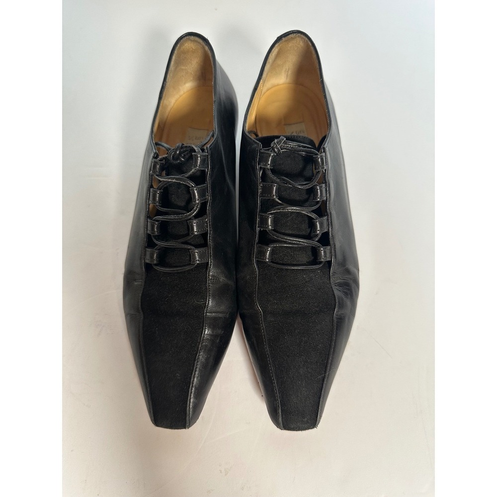 Vintage Barneys New York Black Leather Suede Lace Up Pointed Toe Kitten Heel 6.5 - Picture 3 of 9